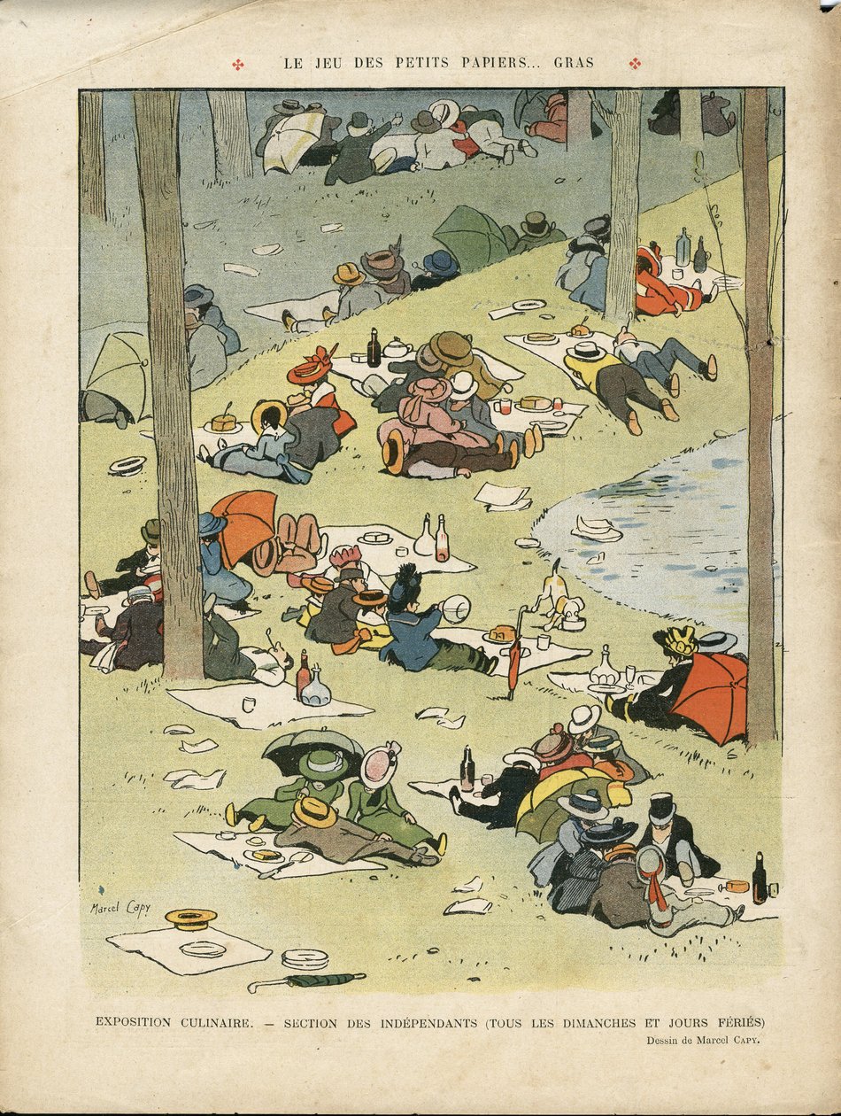 Illustration af Marcel Capy (1865-1941) i Le Lire, 28/05/10 - Spillet med små fede papirer - Hobbyer, Picnic, Gastronomi kok af Marcel Amable O.L. Capy
