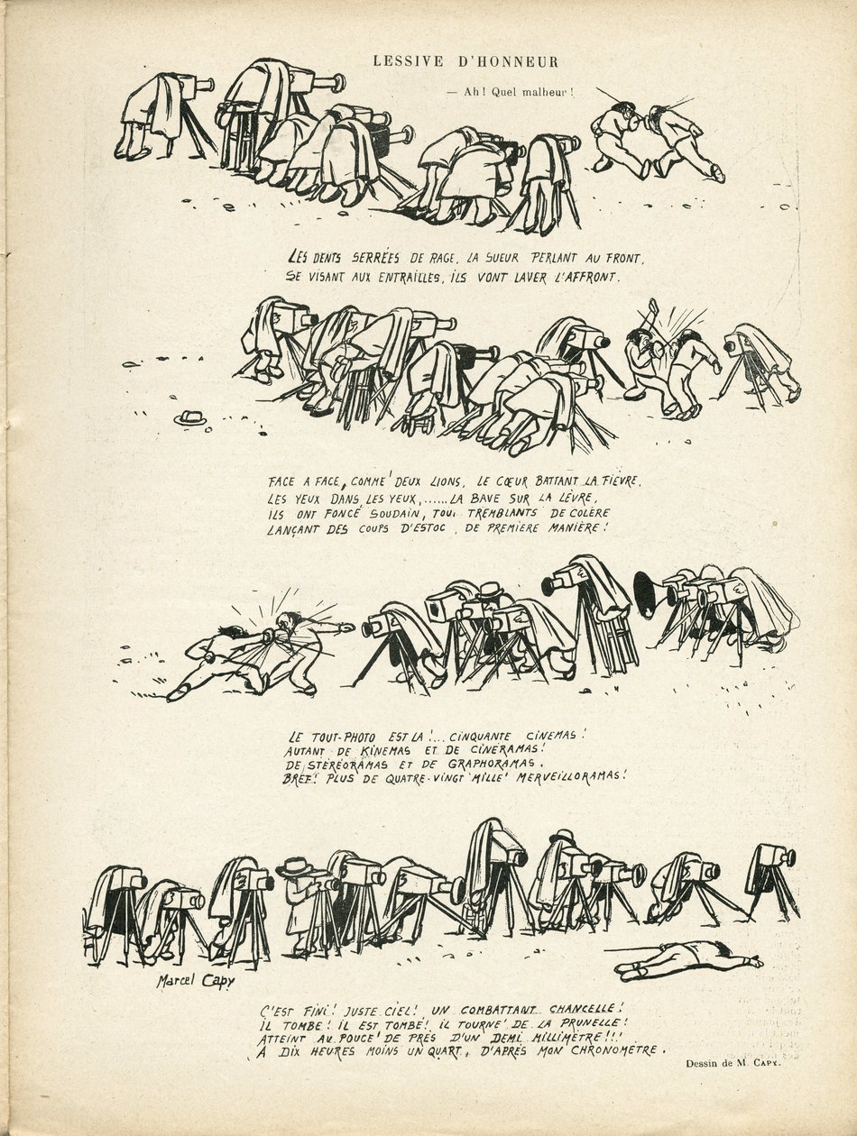 Illustration af Marcel Capy (1865-1941) i Le Rire, 02/03/12 - Æresvaskeri - Sport, Fotografering Kamerafotograf, Fægtning af Marcel Amable O.L. Capy