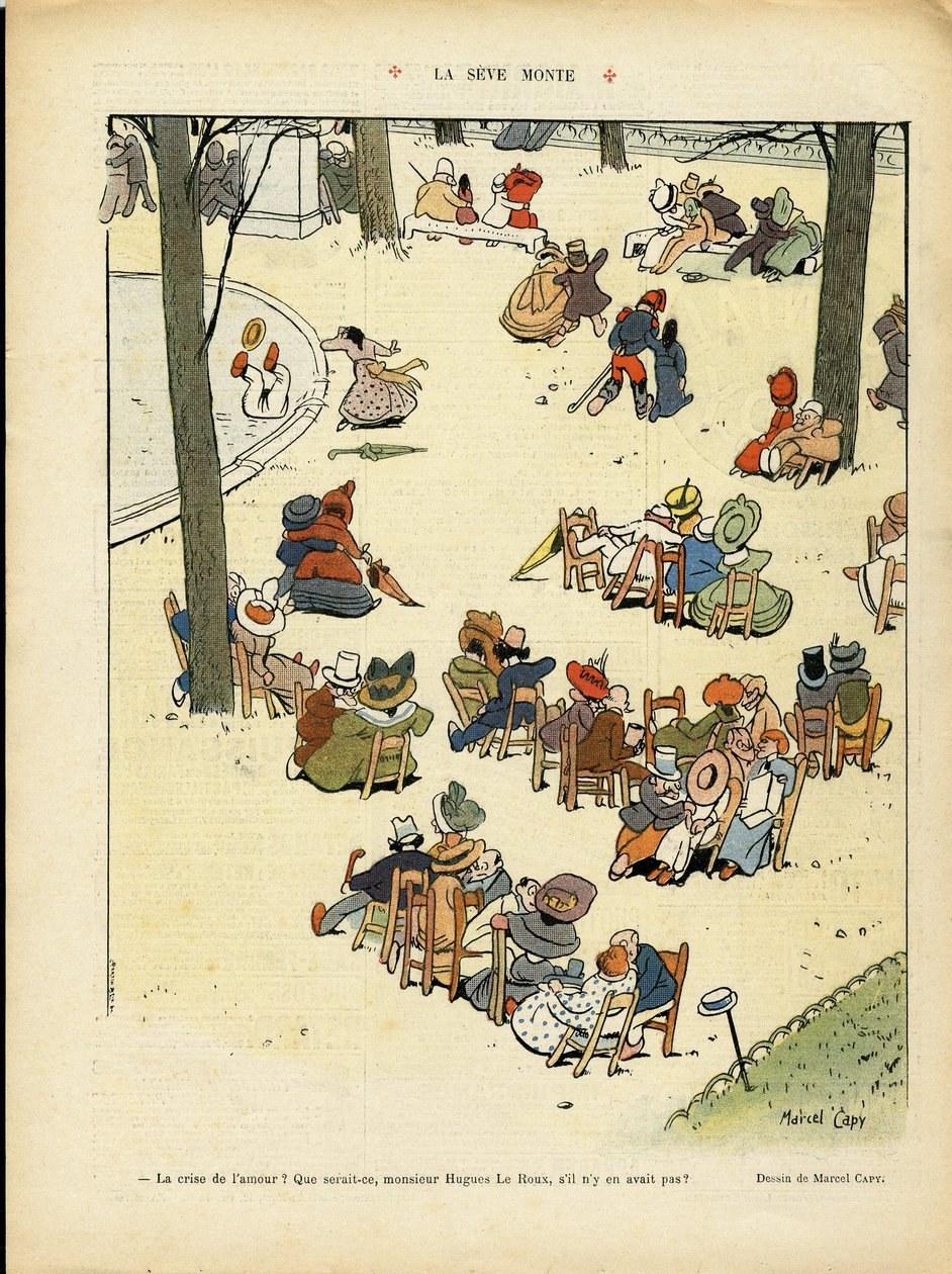 Illustration af Marcel Capy (1865-1941) i Le Rire, 02/05/08 - La seve monte - Kærlighed, Offentlig Have, Træ af Marcel Amable O.L. Capy