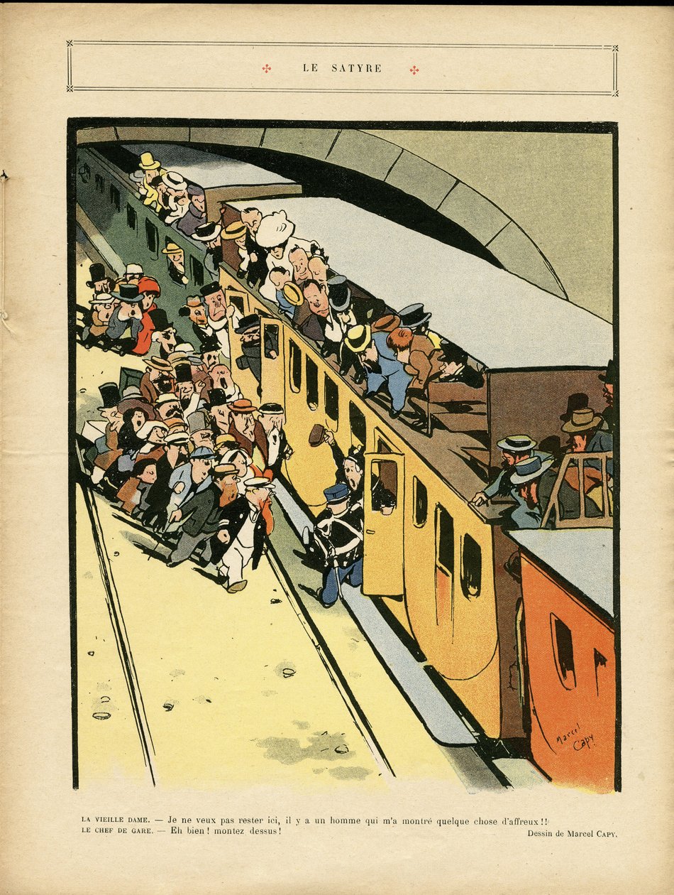 Illustration af Marcel Capy (1865-1941) i Le Rire, 03/09/10 - Satyren - Arkitektur Byplanlægning, Togjernbane, Bro af Marcel Amable O.L. Capy