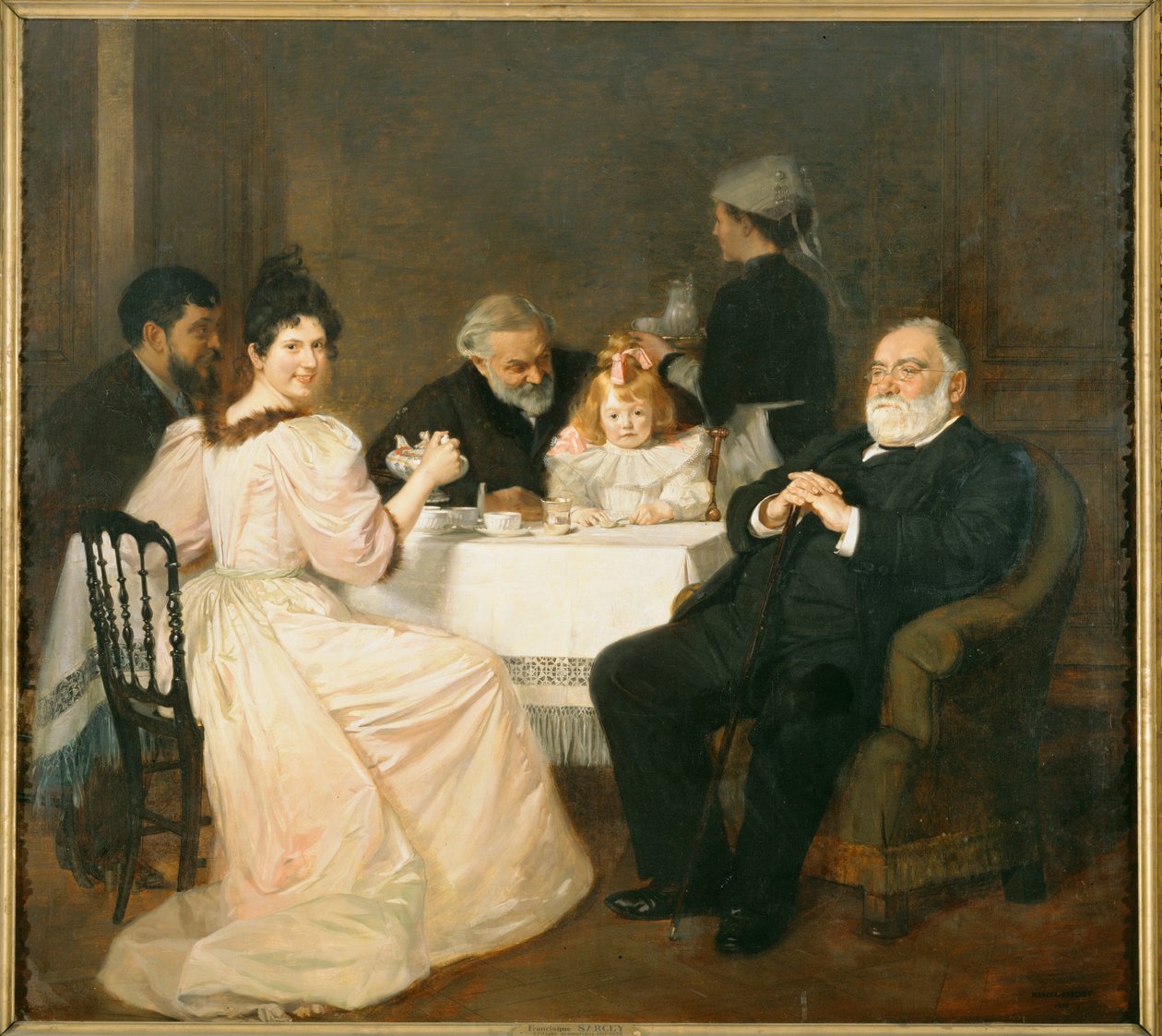 Francisque Sarcey, litteraturkritiker, i huset hos Adolphe Brissons datter ... (maleri på lærred) af Marcel Andre Baschet