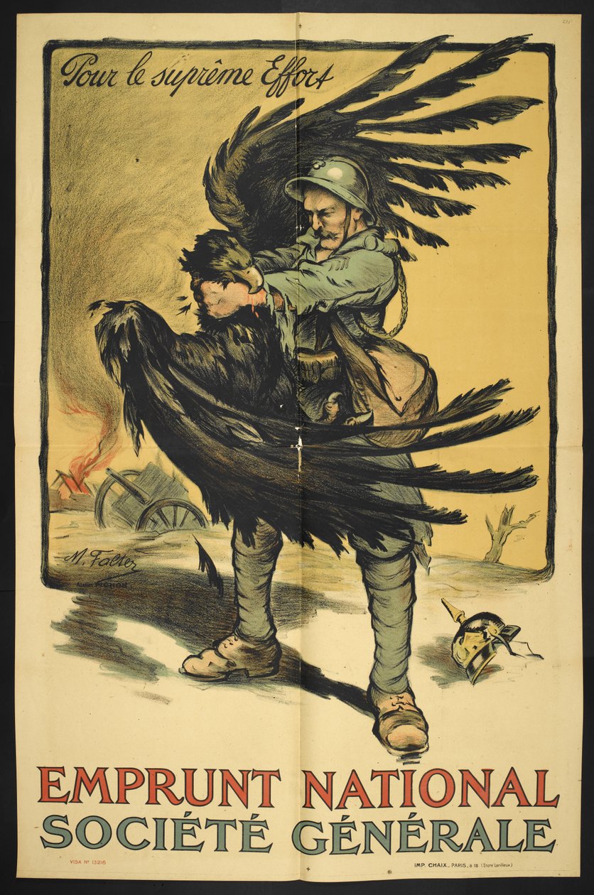 Billede af en fransk soldat, der kvæler en stor fugl (der repræsenterer Tyskland?). af Marcel Falter