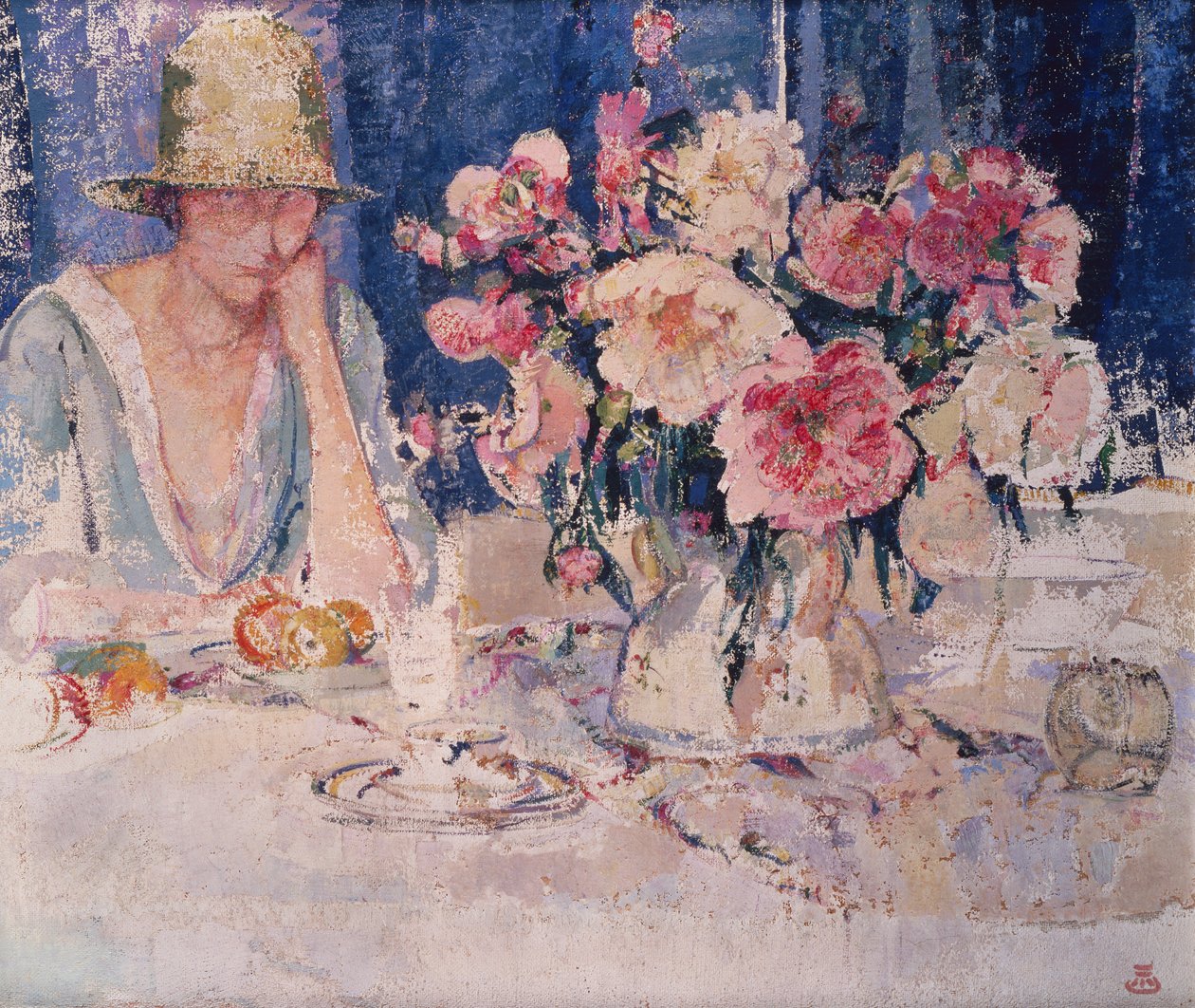 Kvinde ved bordet fyldt med blomster (olie på lærred) af Marcel Jefferys