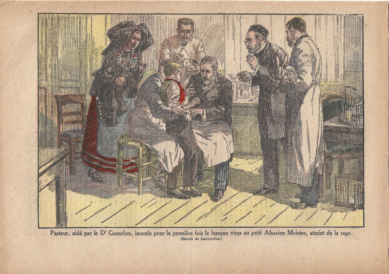 Pasteur, assisteret af Dr. Grancher, inokulerede den berømte virus for første gang i den lille Alsace-mester, inficeret med rabies., Le Pèlerin, 5/11/1922 (print) af Marcel Lecoultre