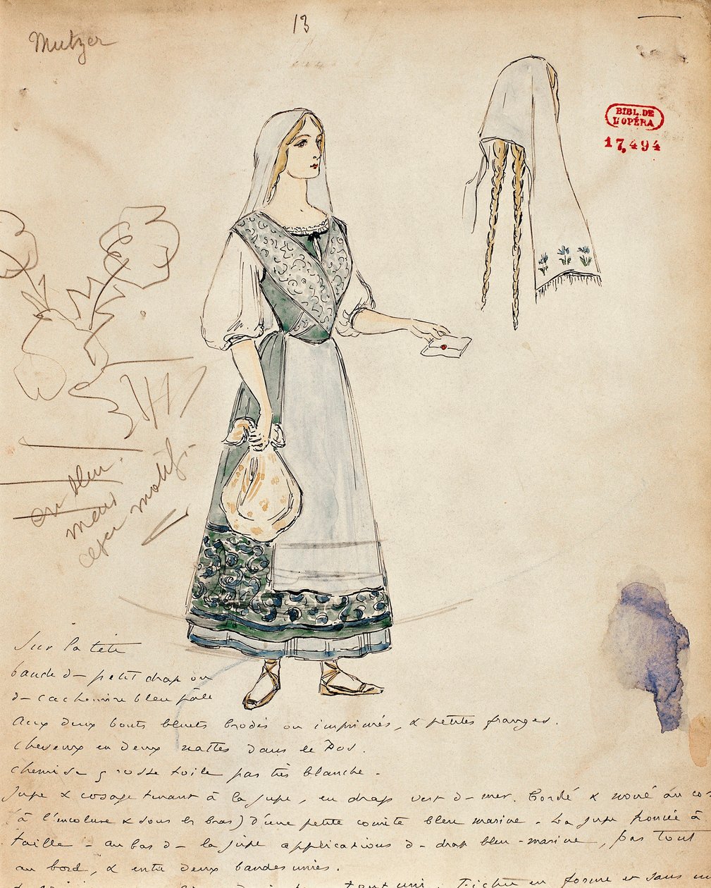 Frankrig, Paris, Skitse af kostume til Michaela for Carmen af Georges Bizet af Marcel Multzer