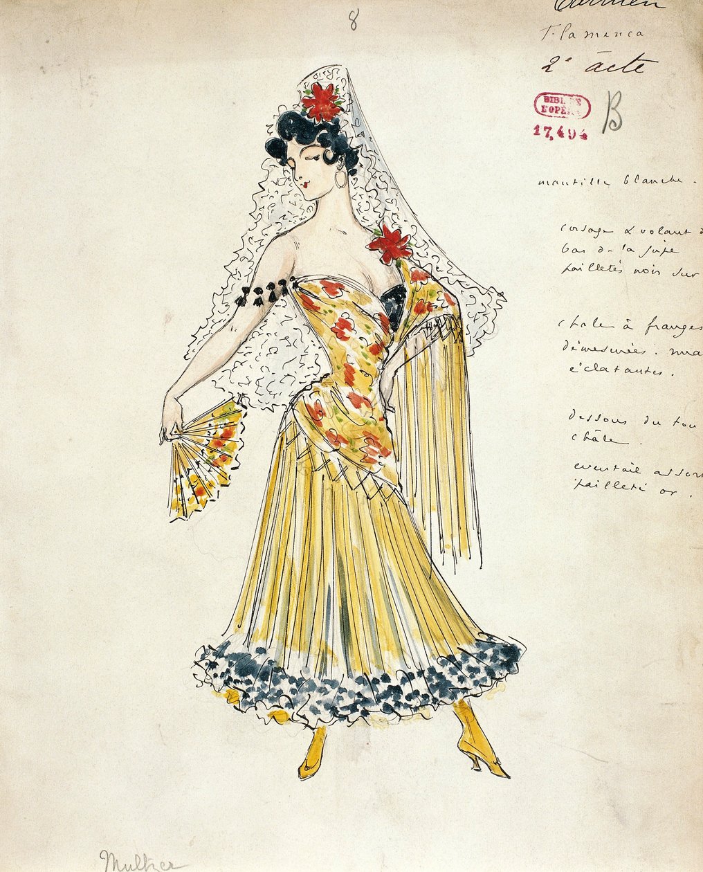 Frankrig, Paris, Skitse af kostume til flamencodansere for Carmen af Georges Bizet af Marcel Multzer