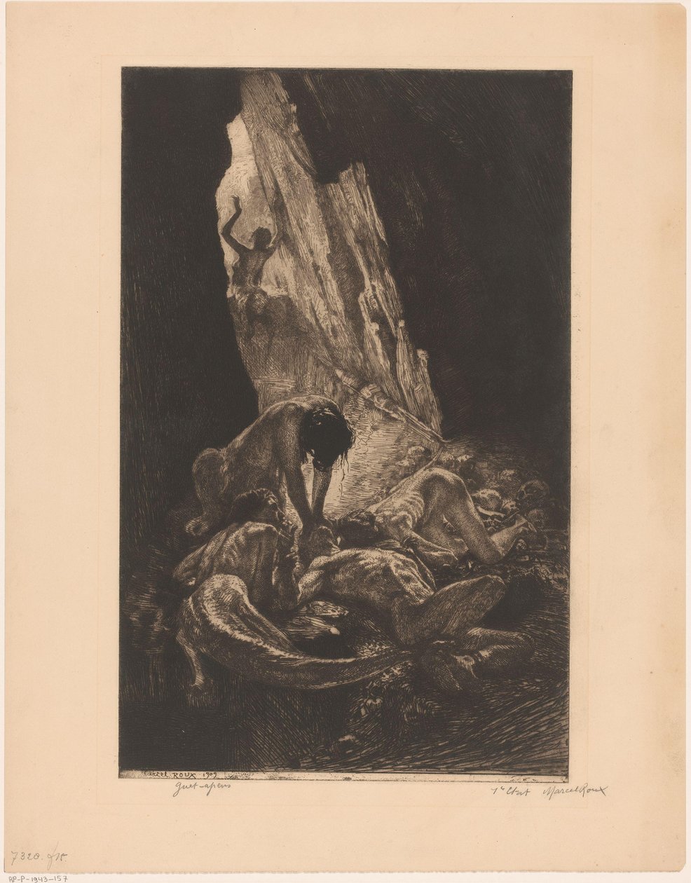Interiør af en mørk hule med væsner, der fortærer en nøgen mand Guet aber (titel på objekt) af Marcel Roux (signed by artist)
