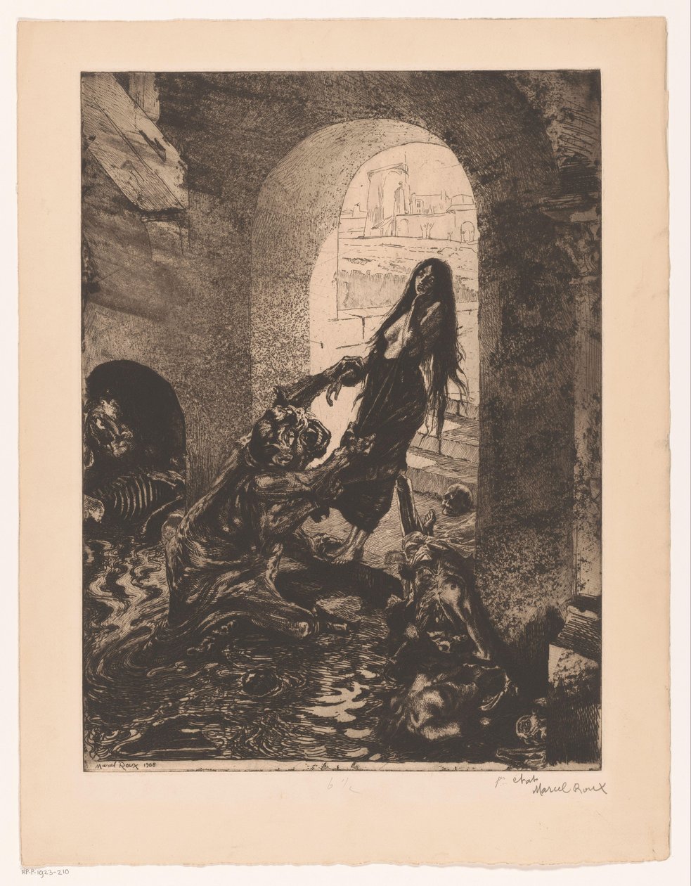 Monster griber en kvinde, der står i døren Offrande a Moloch (titel på objekt) Girl of pleasure (serietitel) Fille de Joie (serietitel på objekt) af Marcel Roux (signed by artist)