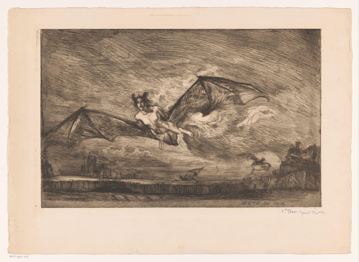 Nattelandskab med flagermus-lignende væsner Bête du soir (titel på objekt) af Marcel Roux (signed by artist)
