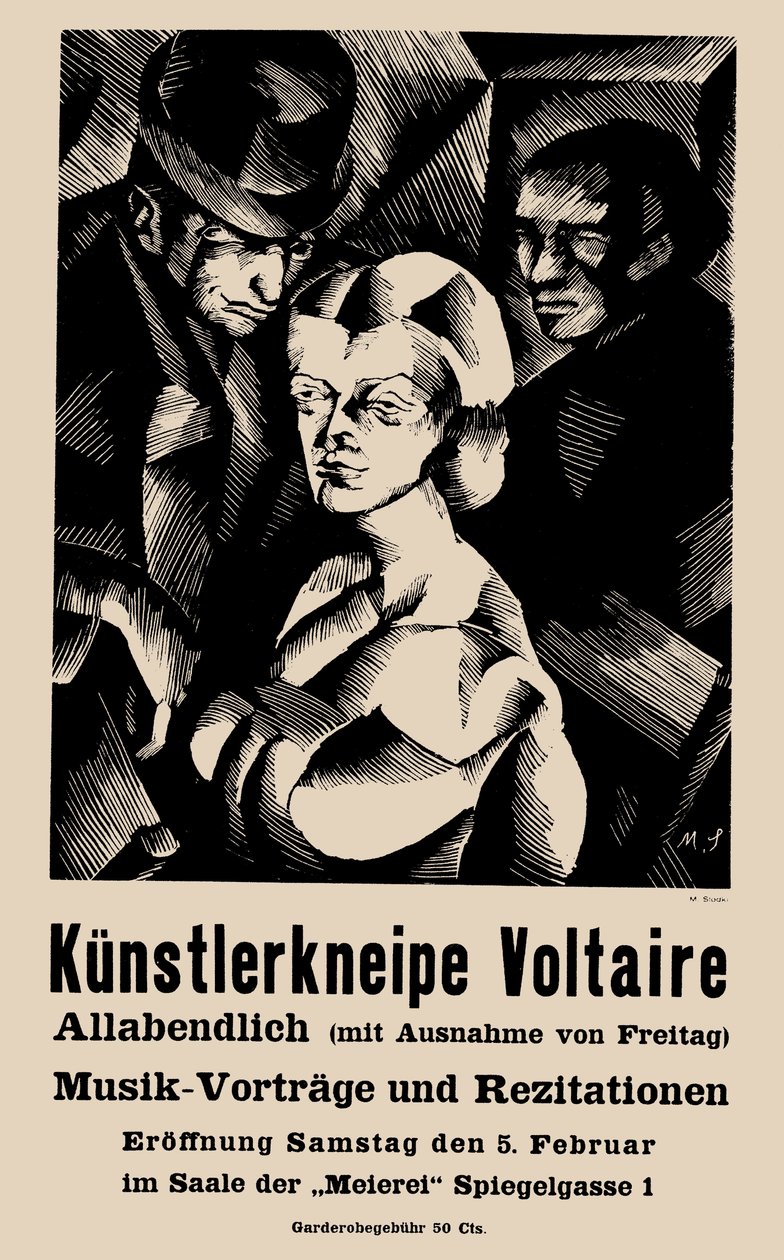 Plakat til åbningen af Cabaret Voltaire den 1916-02-05 - Marcel Slodki (1892-1944). Litografi af Marcel Slodki