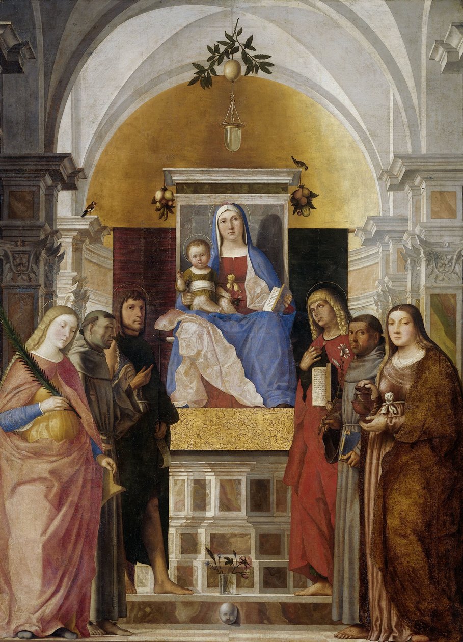 Madonna og barn med den hellige Katarina, Frans af Assisi, Johannes Døberen, Johannes Evangelisten, Antonius af Padova og Maria Magdalene af Marcello Fogolino