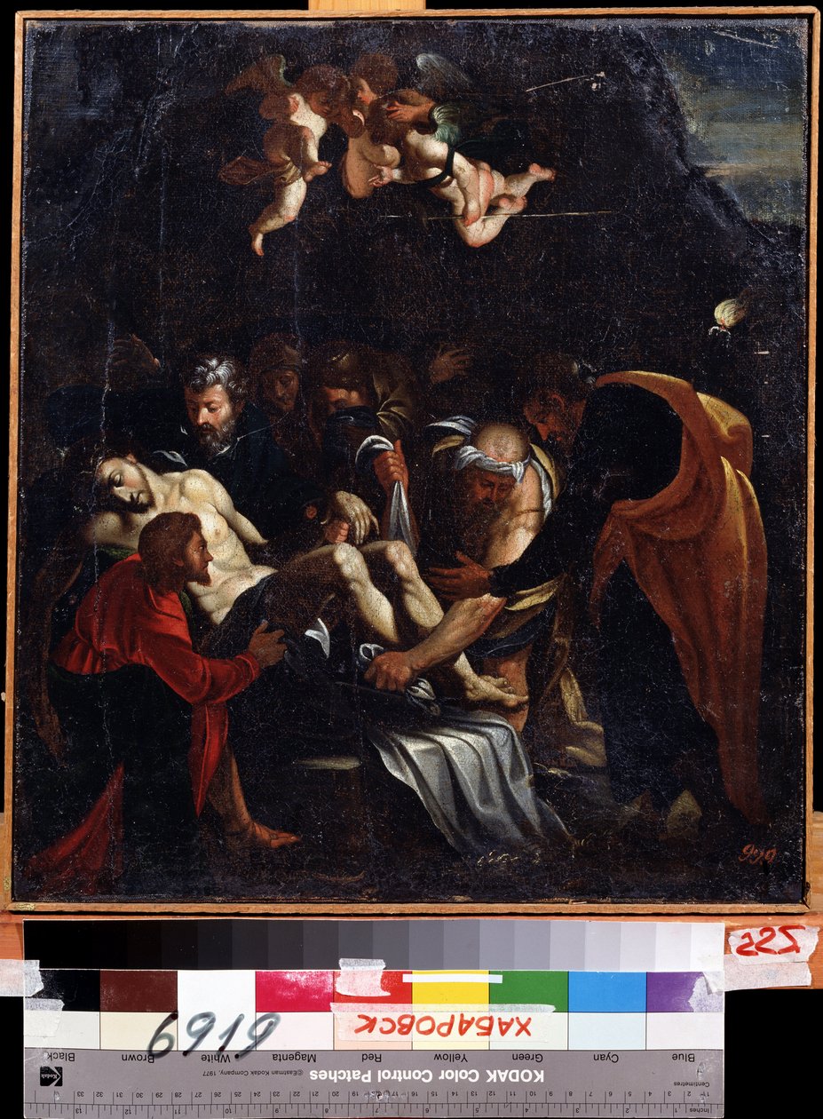 Nedstigningen fra korset. Blandt karaktererne repræsenteret omkring Jesu Kristi legeme: Jomfru Maria, Sankt Maria Magdalena, Sankt Josef af Arimathea og Sankt Nikodemus. Maleri af Marcelle Venusti (1512 eller 1515-1579). H af Marcello Venusti