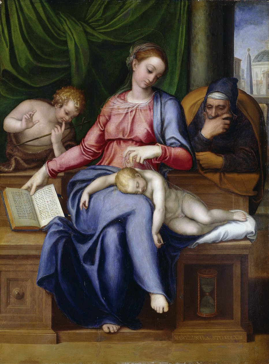 Madonna of Silence (Jomfru og barn med Johannes Døberen som dreng) af Venusti, Marcello (1512/15-1579). Olie på træ af Marcello Venusti