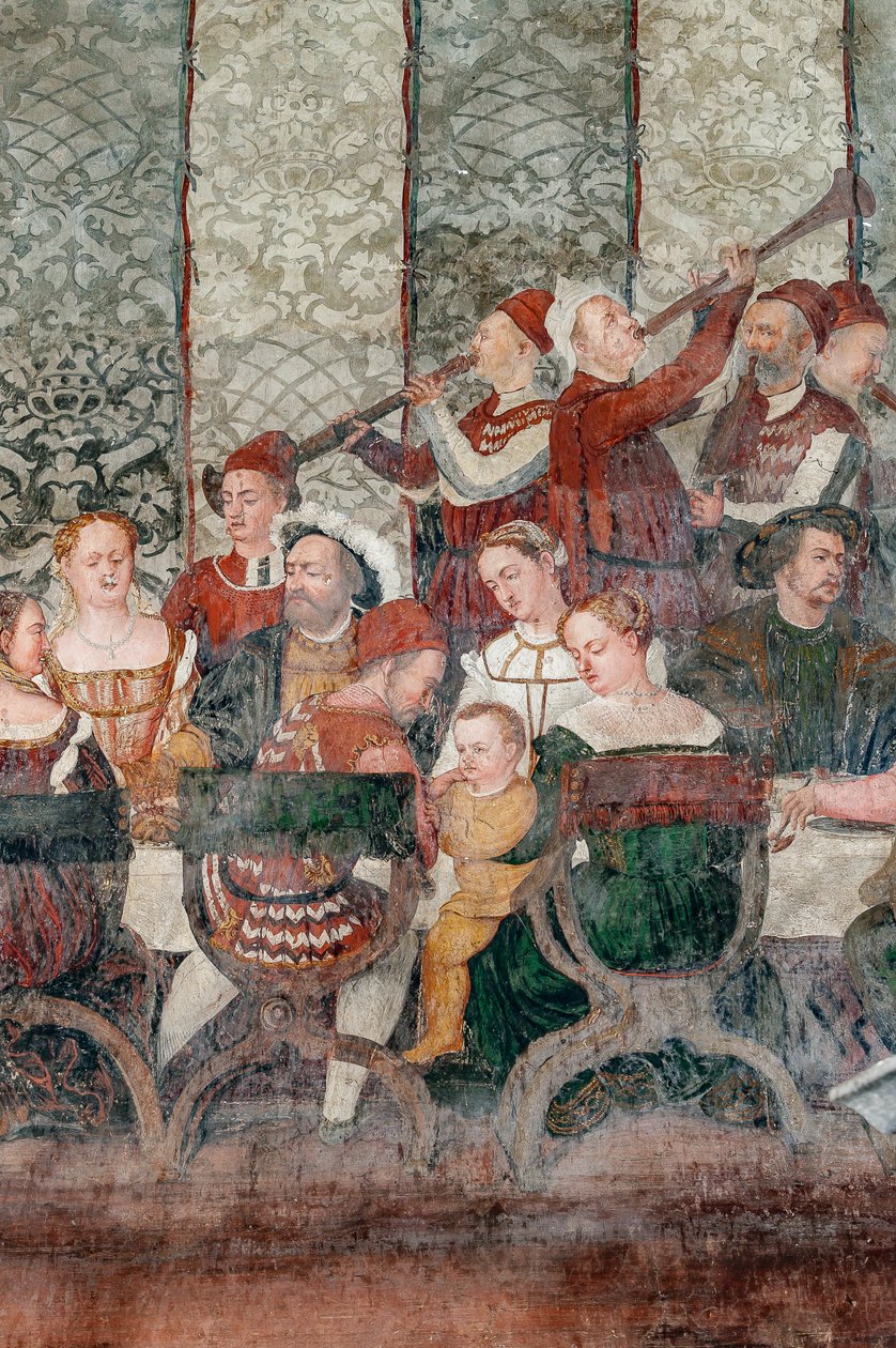 Banket, detalje fra Christian I af Danmarks besøg i Bartolomeo Colleoni, Æreshallen af Marcello or Romani Girolamo (Romanino) (c.1485 c.1566) (attr.to) Fogolino
