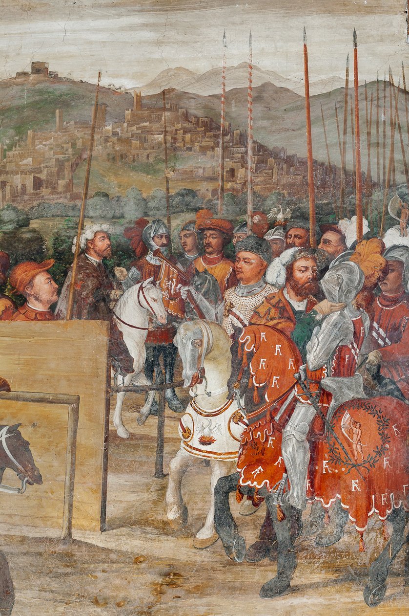 Detalje af Christian I af Danmarks besøg hos Bartolomeo Colleoni, Æreshallen af Marcello or Romani Girolamo (Romanino) (c.1485 c.1566) (attr.to) Fogolino