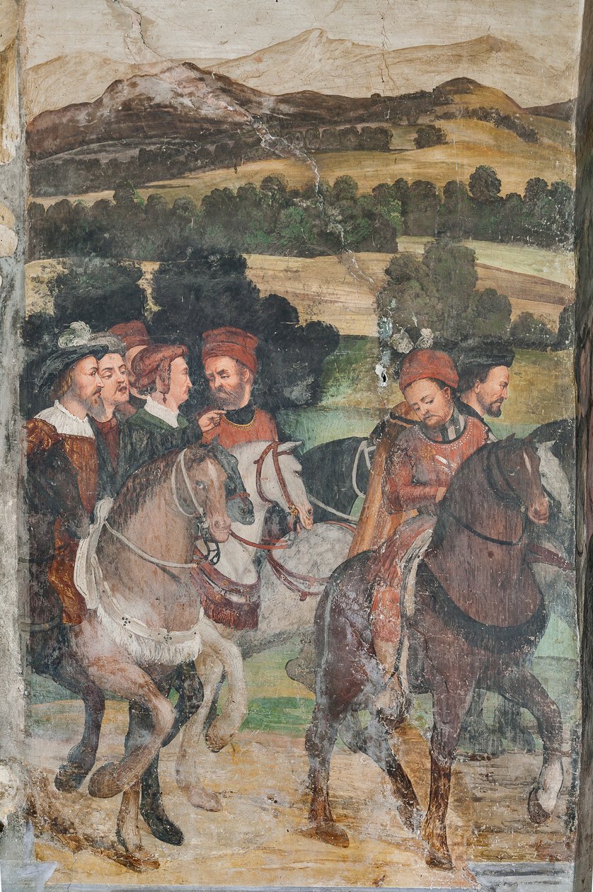 Detalje af Christian I af Danmarks besøg hos Bartolomeo Colleoni, Æreshallen af Marcello or Romani Girolamo (Romanino) (c.1485 c.1566) (attr.to) Fogolino