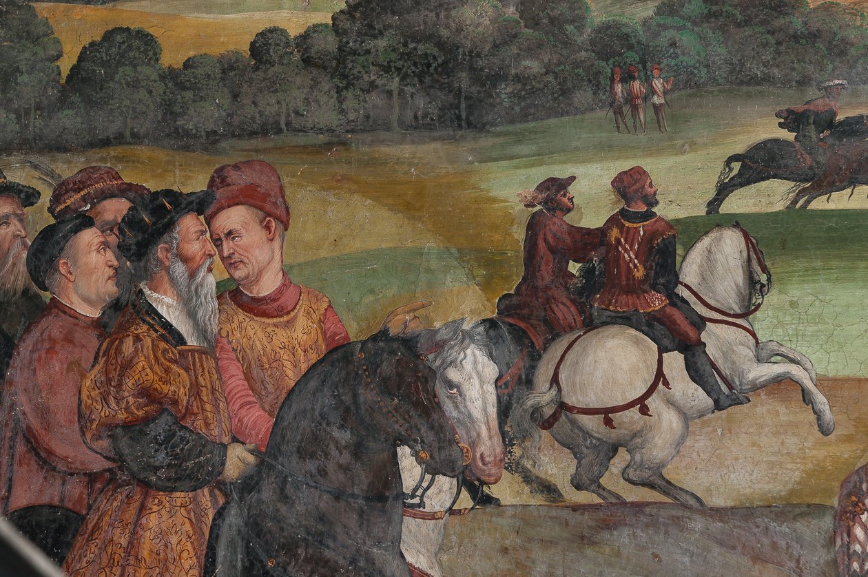 Jagtscene, detalje fra Christian I af Danmarks besøg i Bartolomeo Colleoni, Æreshallen af Marcello or Romani Girolamo (Romanino) (c.1485 c.1566) (attr.to) Fogolino