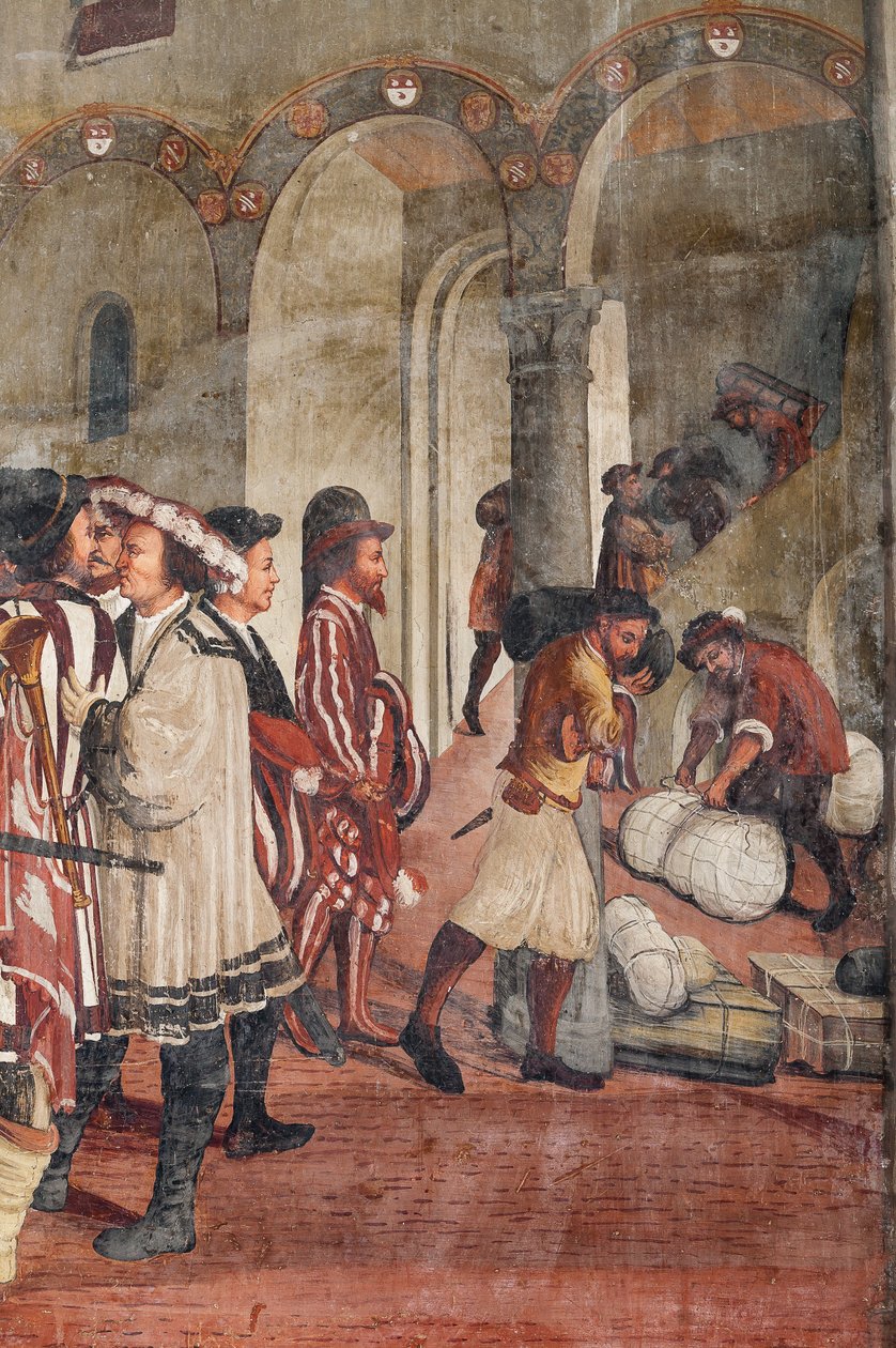 Jagtscene, detalje fra Christian I af Danmarks besøg i Bartolomeo Colleoni, Æreshallen af Marcello or Romani Girolamo (Romanino) (c.1485 c.1566) (attr.to) Fogolino