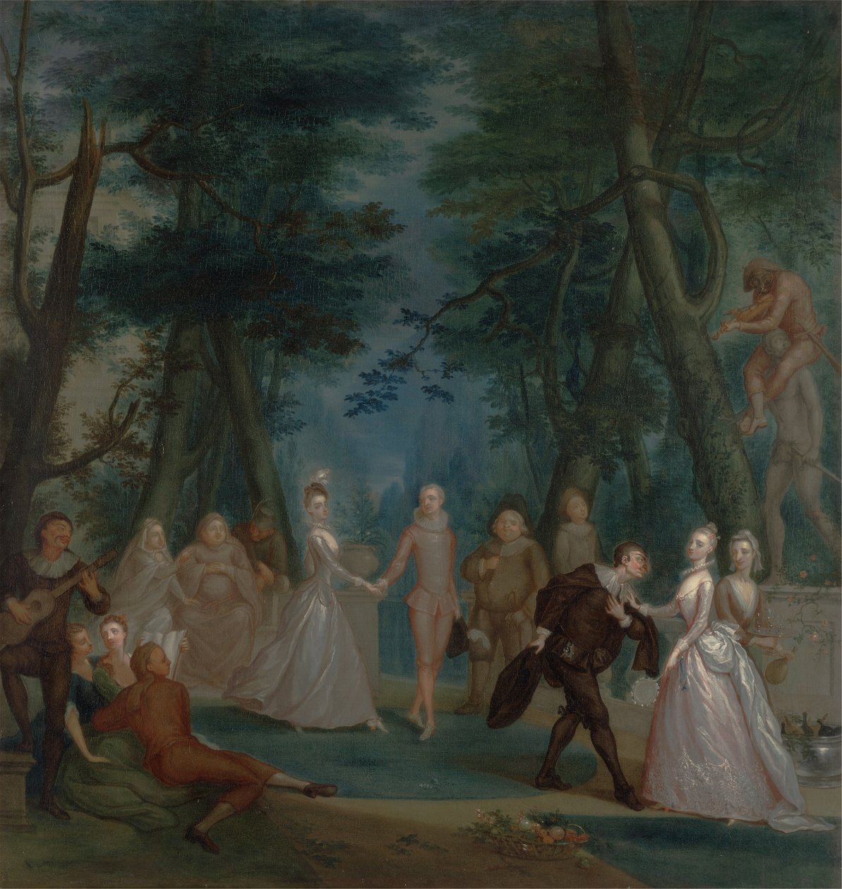 Scene i en park, med figurer fra Commedia dell