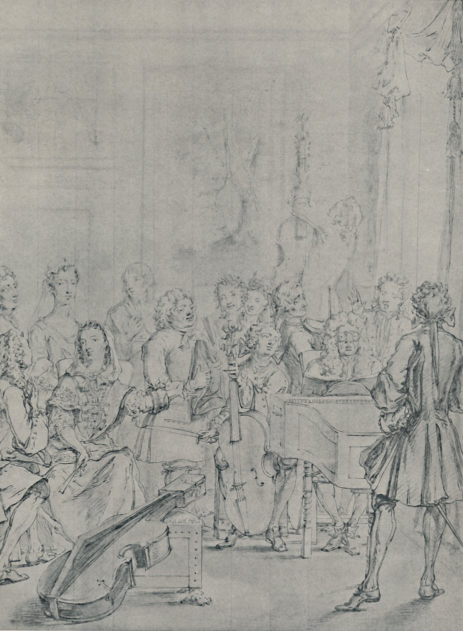 En koncert i et adelshus, 1736, 1920 af Marcellus Laroon the Younger