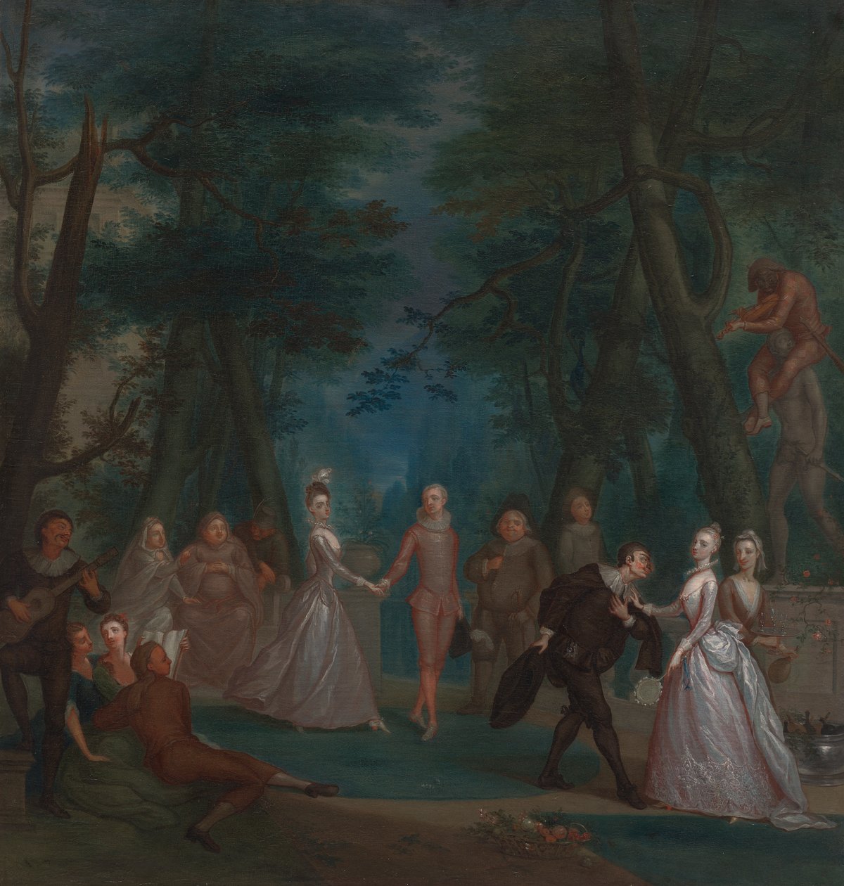 Scene i en park med figurer fra Commedia dell