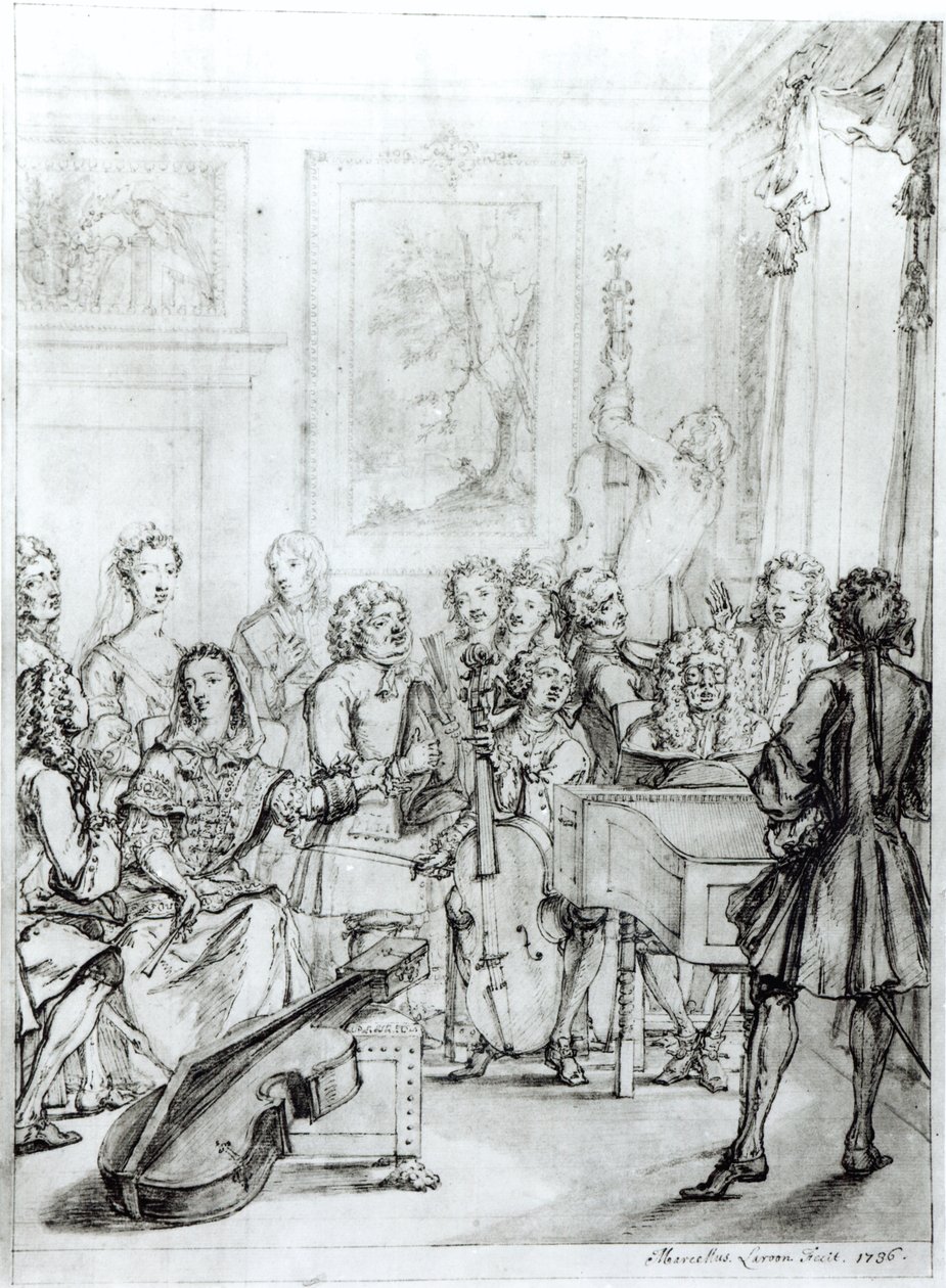 Koncert i Montague House, 1736 (pen og blæk over blyant på papir) af Marcellus the Younger Laroon