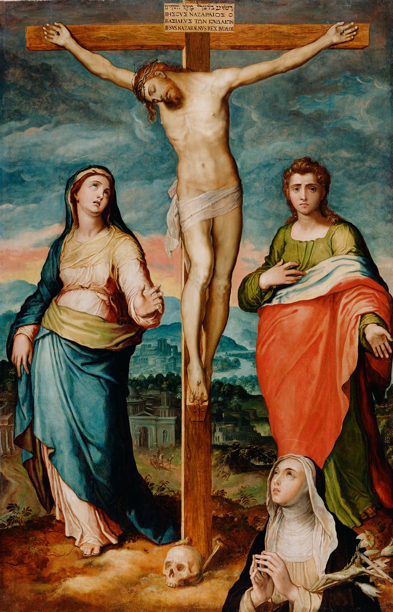 Kristus på korset med de hellige Maria, Johannes Evangelisten og Katarina af Siena, ca. 1570 af Marco Pino