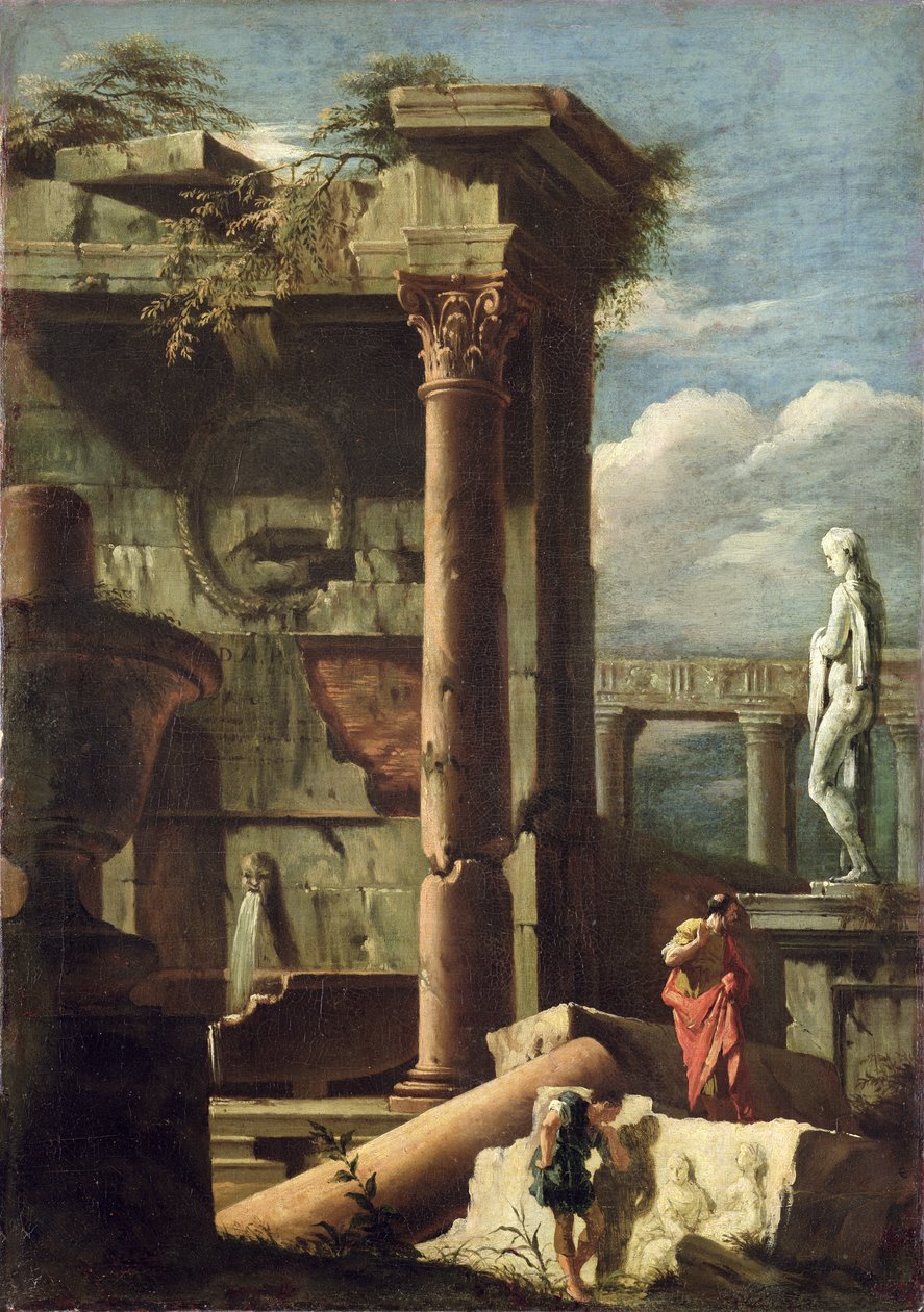 Gammel bygning med statue og dekorative figurer, 1720-25 af Marco Ricci