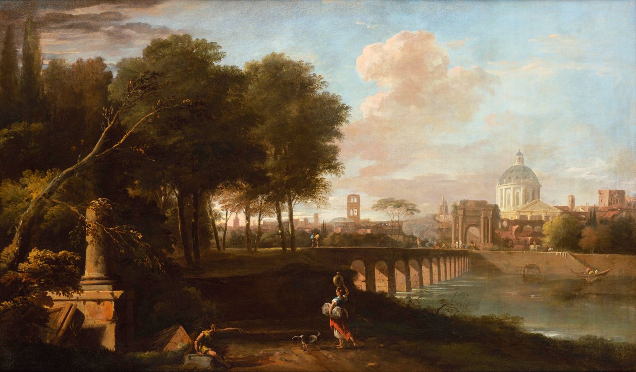 Klassisk landskab, med Wrens kuppel af King Charles Court, Greenwich Hospital (i dag Royal Naval College, Greenwich), ca. 1710 af Marco Ricci