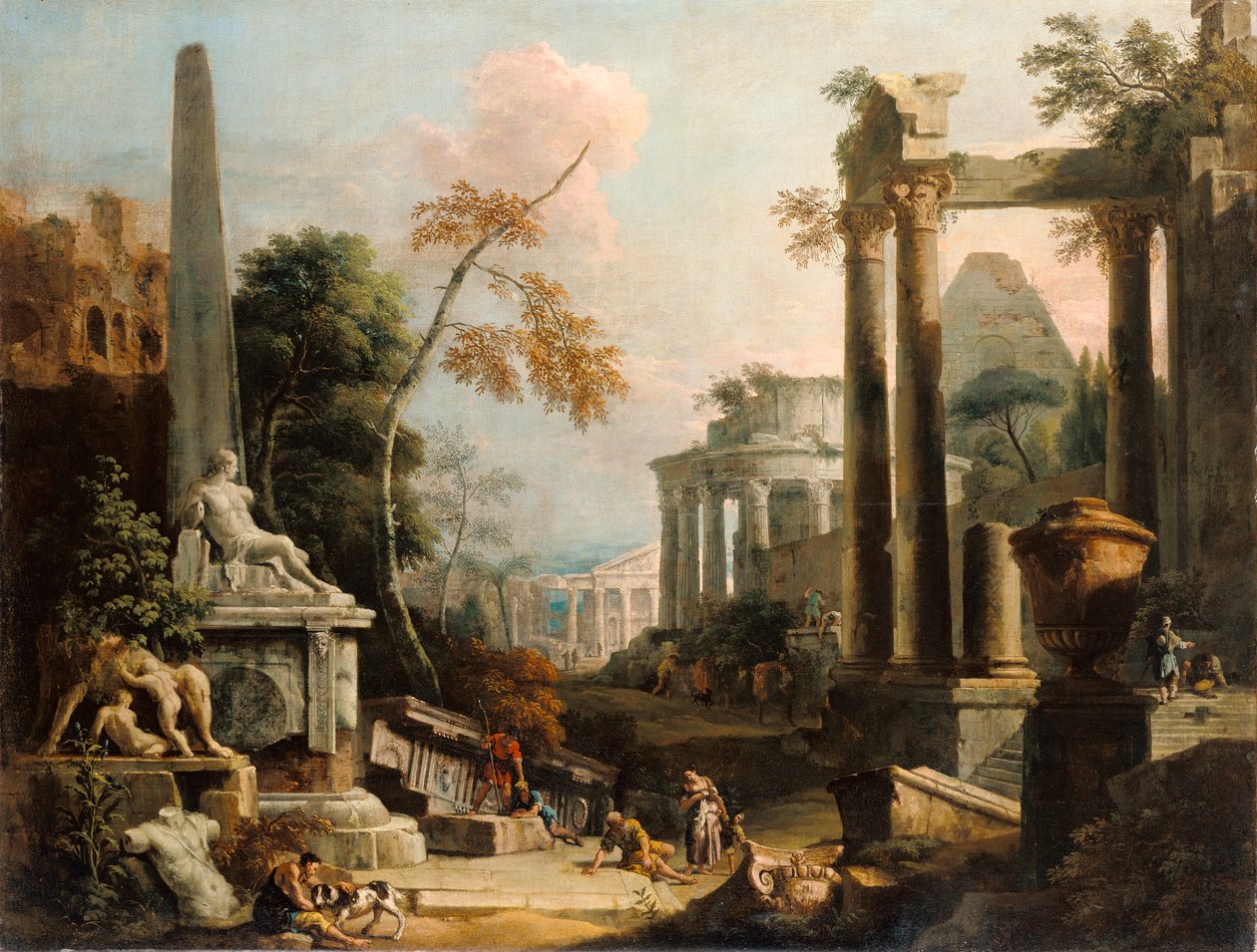 Landskab med klassiske ruiner og figurer, ca. 1725-30 af Marco Ricci