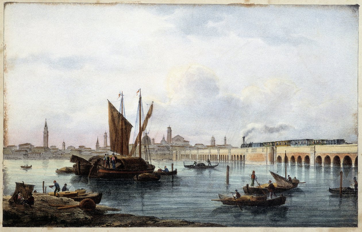 Broen over lagunen i "Album of the main views of Venice"" tegner af Marco Moro ed. Gio Brize-Ghel n.d 1840. ca. af Marco (after) Moro