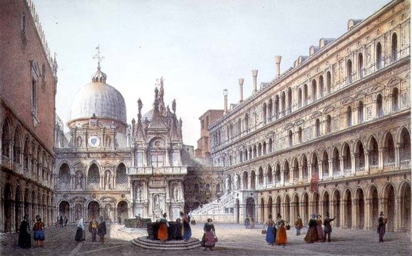Gården i Palazzo Ducale, Venedig, graveret af Brizeghel (litografi) af Marco (after) Moro