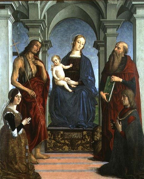 Madonna og barn med Sankt Hieronymus og Sankt Johannes Døberen og donorer (panel) af Marco (attr. to) Meloni