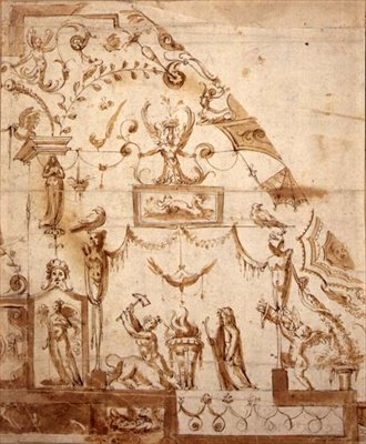 Design til et grotesk loft (pen & sepia blæk på papir) af Marco (fl.1565 88) (circle of) Marchetti