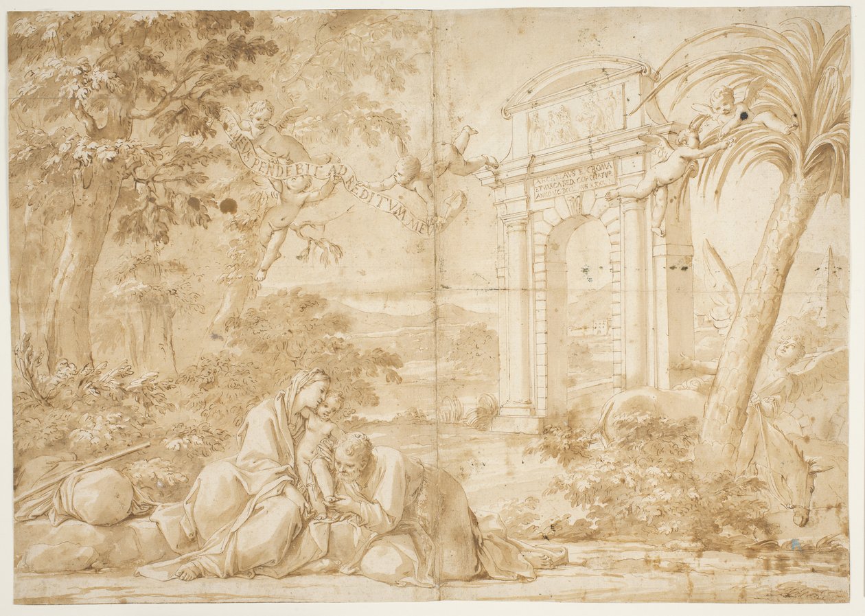Scene fra flugten til Egypten af Marcantonio Franceschini