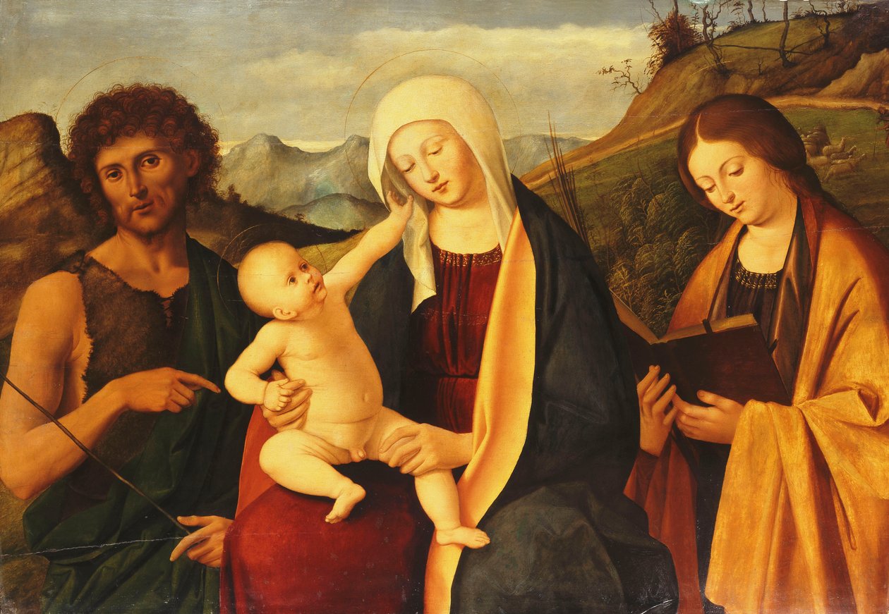 Madonnaen og barnet, med Johannes Døberen og en kvindelig helgen, af Marco Basaiti