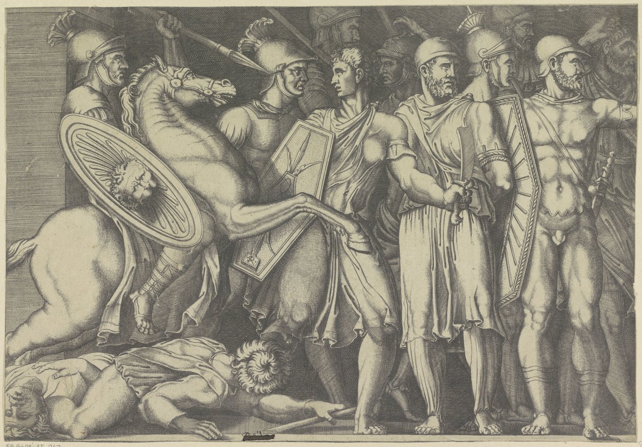 Trajan kæmper med Dacians af Marco Dente (attributed to)