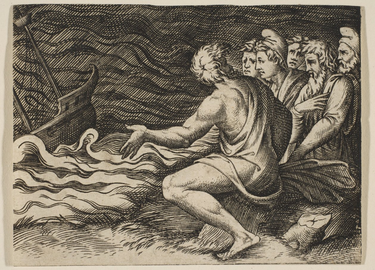 En gruppe figurer til højre, der overværer et skibsforlis, ca. 1515-27. af Marco Dente