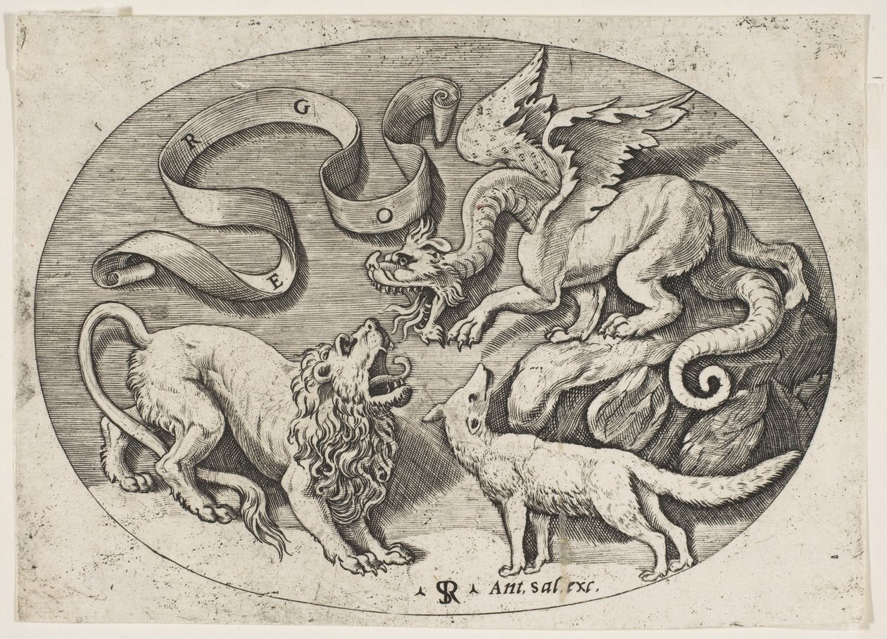 En løve, drage og ræv kæmper mod hinanden, en indskrevet banderole ovenover, en oval c..., ca. 1515-27. af Marco Dente