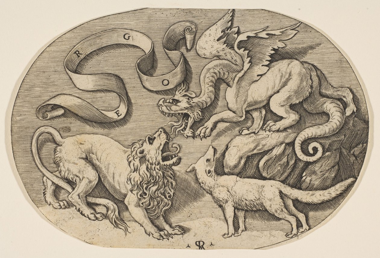 En løve, drage og ræv kæmper mod hinanden, en indskrevet banderole ovenover, en oval c..., ca. 1515-27. af Marco Dente