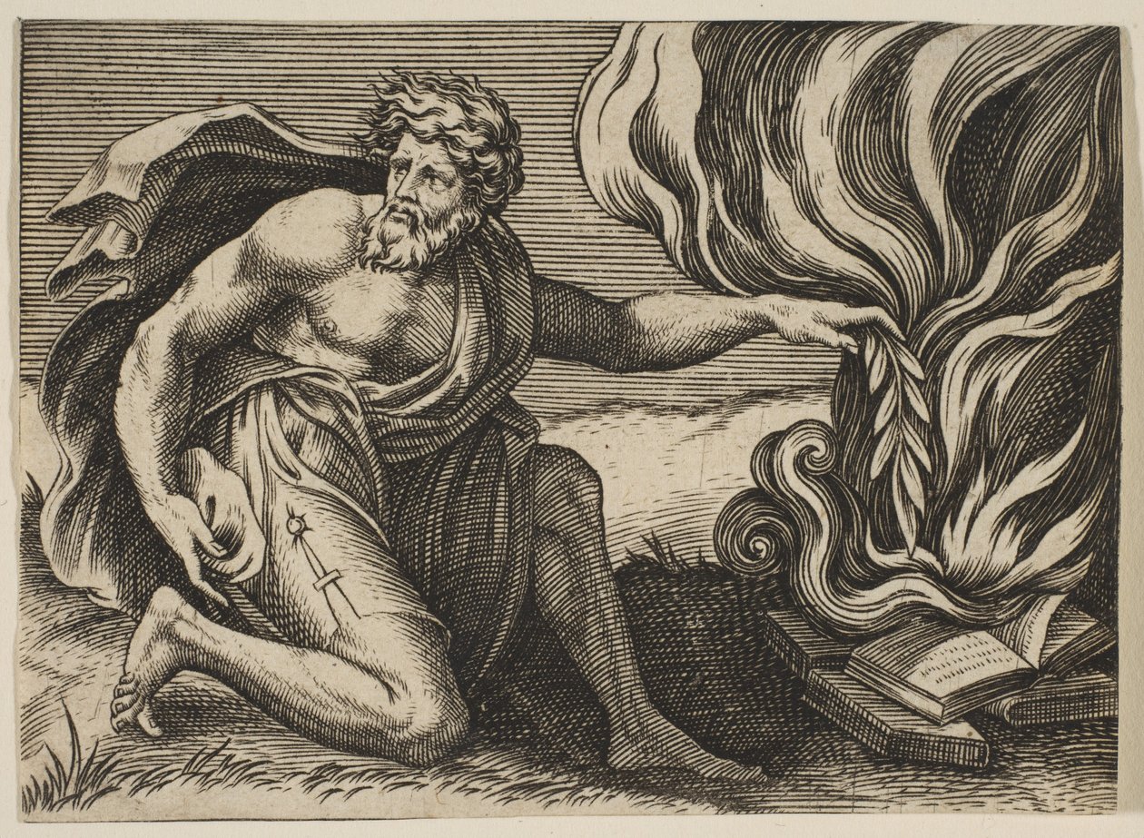 En mand, der knæler og lægger en laurbærgren på en bunke brændende bøger, ca. 1515-27. af Marco Dente