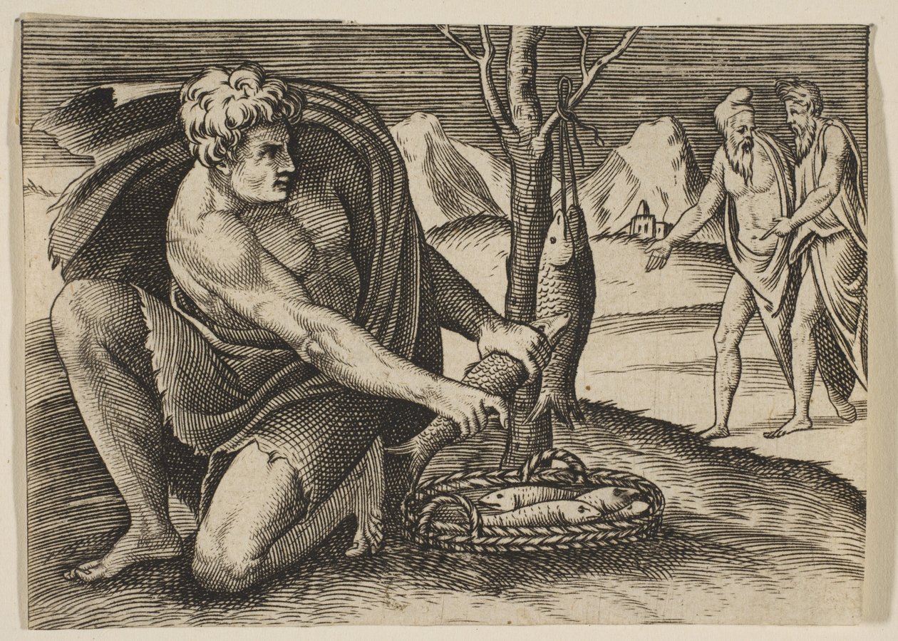 En mand, der knæler ved siden af en kurv med fisk og tager en med begge hænder, to mænd ved ..., ca. 1515-27. af Marco Dente