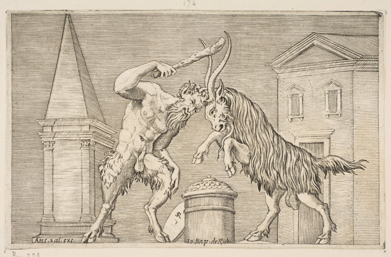 En satyr og en vædder angriber hinanden, satyren svinger en kølle med sin højre ha..., ca. 1515-27. af Marco Dente