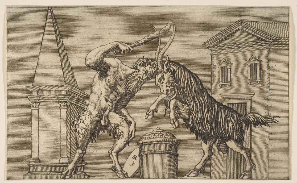 En satyr og en vædder angriber hinanden, satyren svinger en kølle med sin højre ha..., ca. 1515-27. af Marco Dente