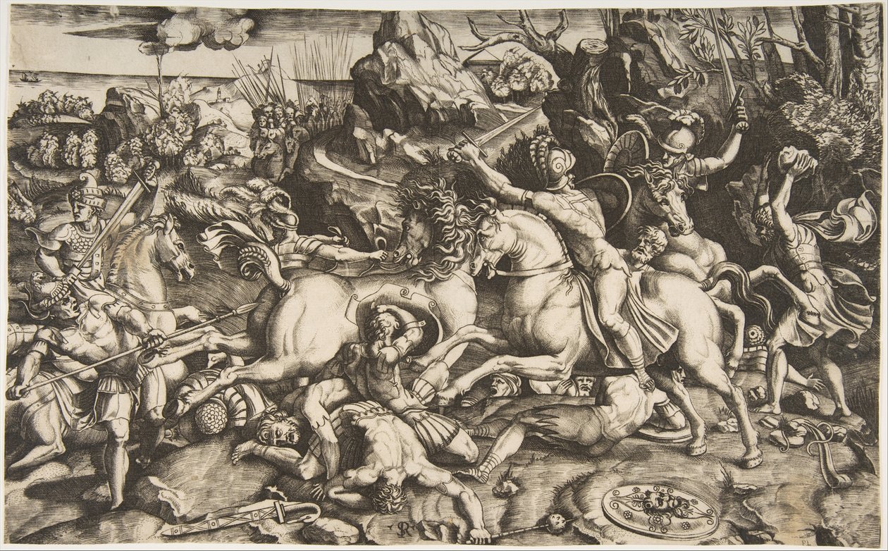Kampscene i et landskab med soldater til hest og flere faldne mænd, en anden..., ca. 1520. af Marco Dente