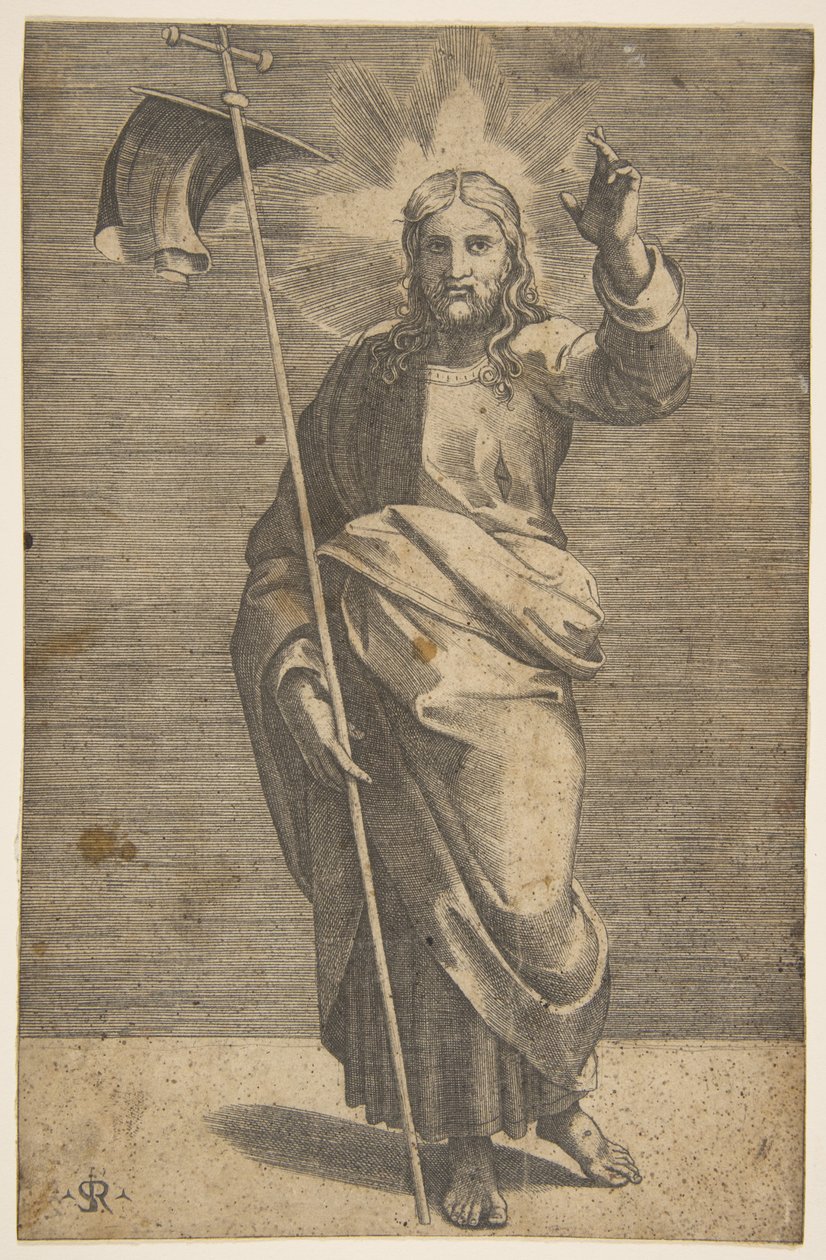 Kristus står fremadvendt, holder et kors med et banner og løfter sin venstre ..., ca. 1515-27. af Marco Dente