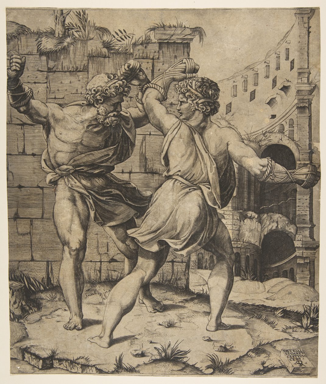 Entellus og Dares kæmper foran klassiske ruiner, 1520-25. af Marco Dente