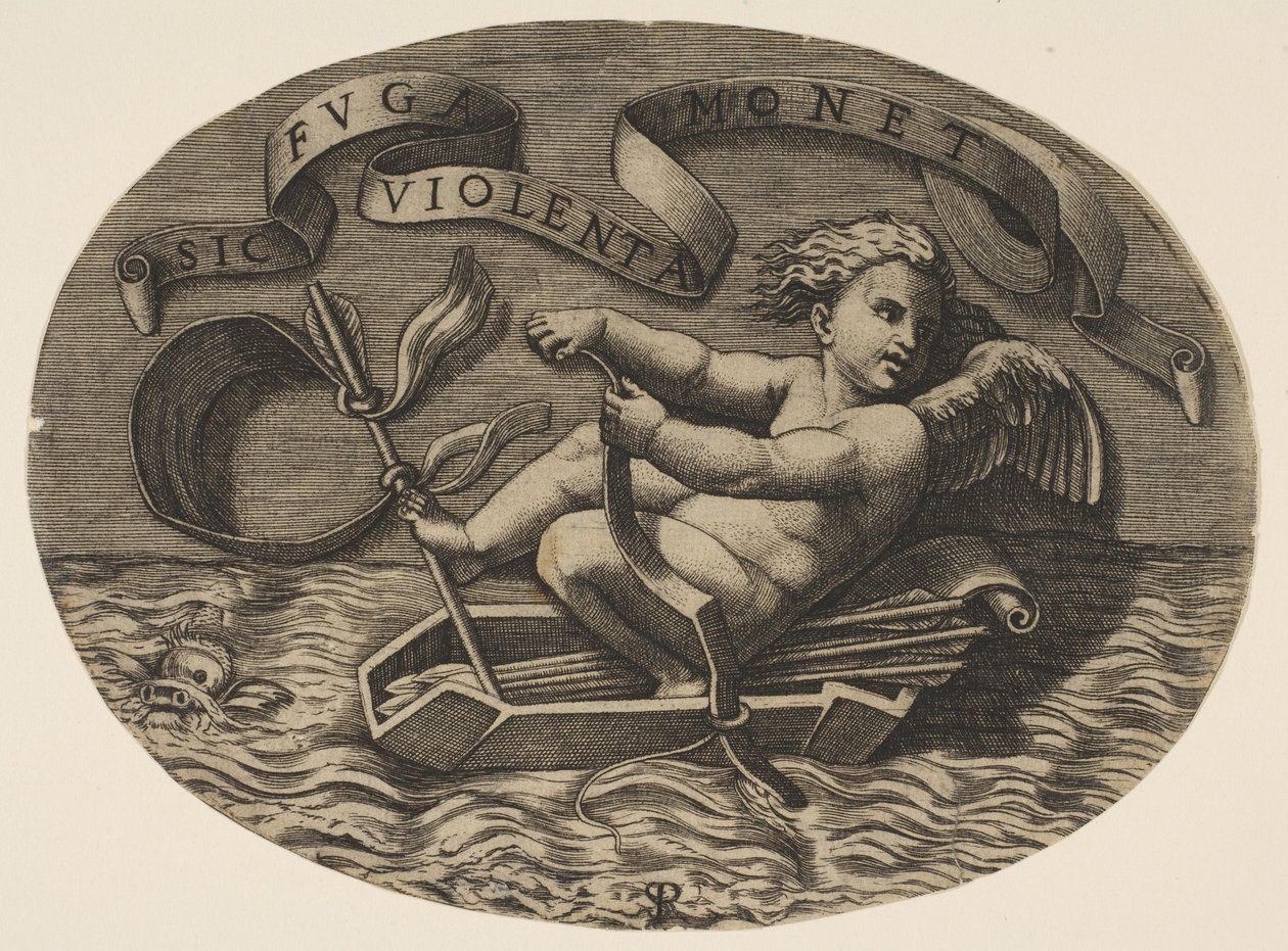 Eros undslipper ad søvejen ved at bruge sin stævn til at fremdrive en båd lavet af hans kogger med en ar..., ca. 1515-27. af Marco Dente