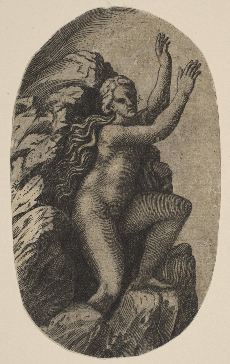 Eurydice stående nøgen på en sten, armene løftet til højre, ca. 1515-27. af Marco Dente