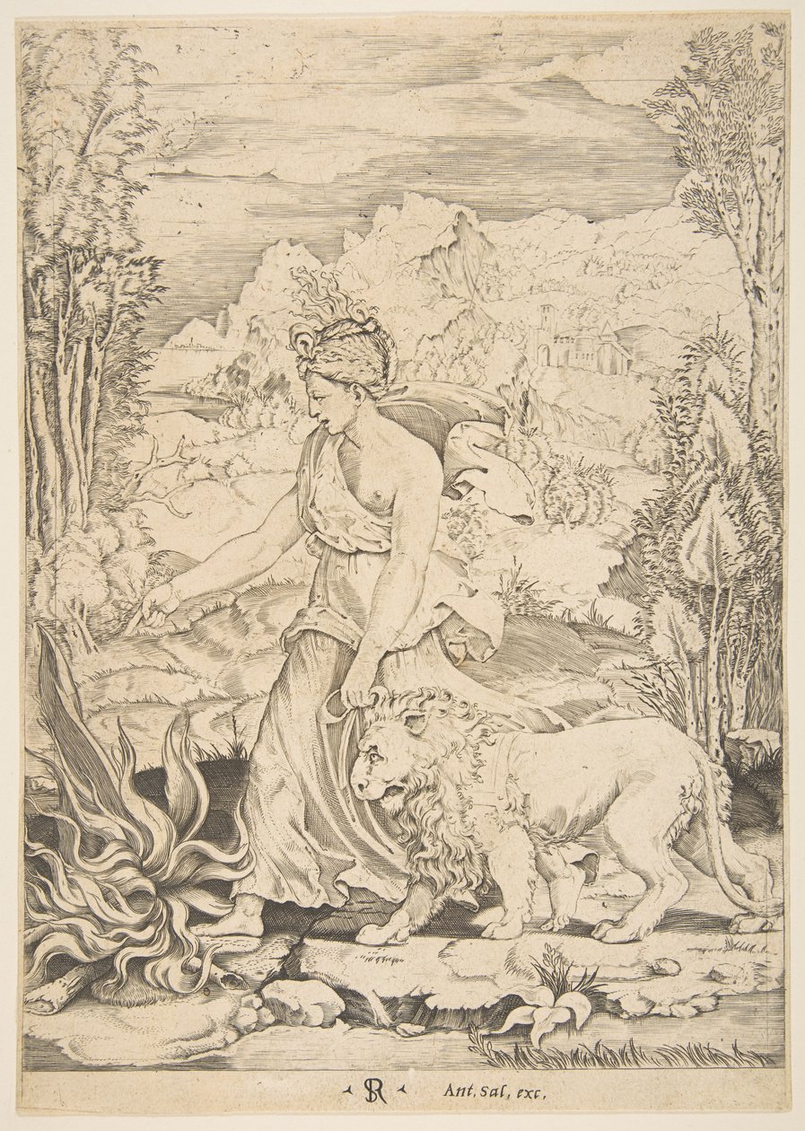 Fortitude i profilvisning, der går mod et bål til venstre og fører en spændt løve..., ca. 1515-27. af Marco Dente